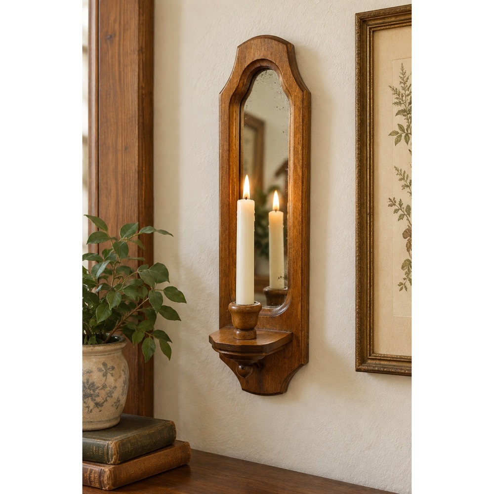 Vintage Wood Wall Sconce Mirror Candle Holder Brown Arched Colonial Style 18in